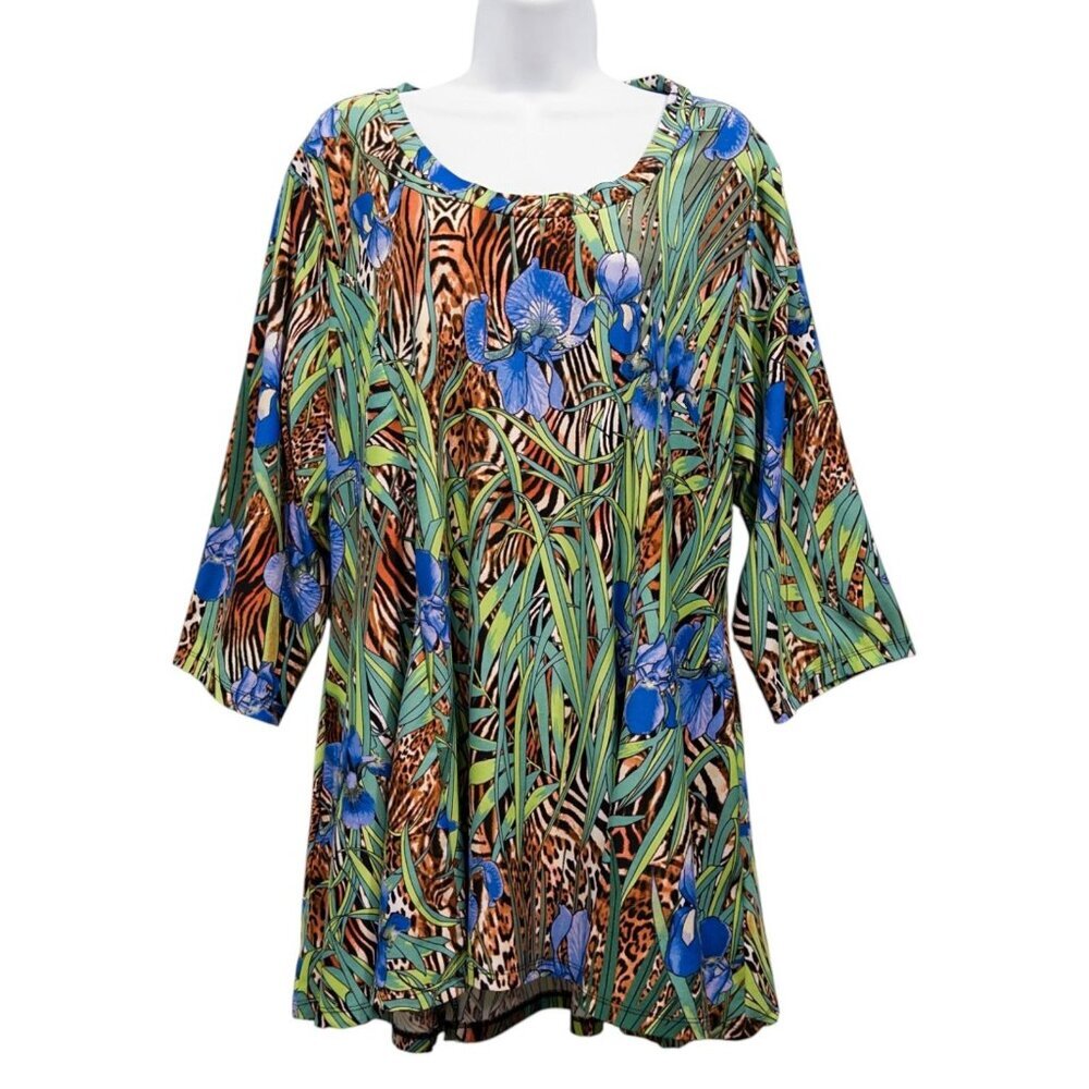 Attitudes by‎ Renee Stretch Knit Tunic Top Pockets Tropical Animal Print 2XP